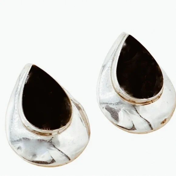 Vintage 925‎ Sterling Silver and Onyx Teardrop Button Earrings 1 Inch length - Picture 6 of 6